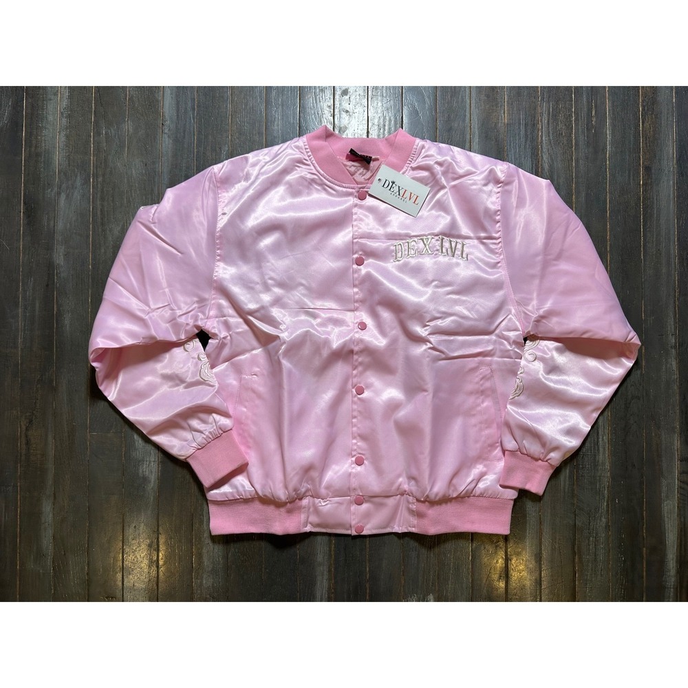 DEXLVL Apparel Pink Satin Bomber Jacket Rose Embroidered Streetwear